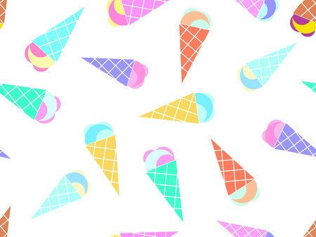Seamless pattern with ice cream cone on white background. Ice cream in a wafer-style cone. Design for banners, promotional products and wrapping paper. vector illustrationのイラスト素材