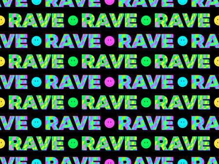 Seamless pattern with text and smile faces. Rave psychedelic, acid trip. Colorful emoji smile on black background. Design for billboard, posters and banners. vector illustrationのイラスト素材