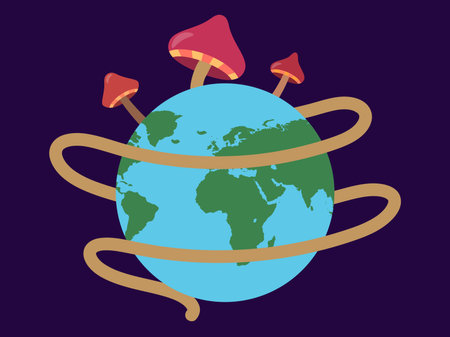 Mushrooms entwine the planet. Surreal drawing of mushrooms around planet earth. Psychedelic...