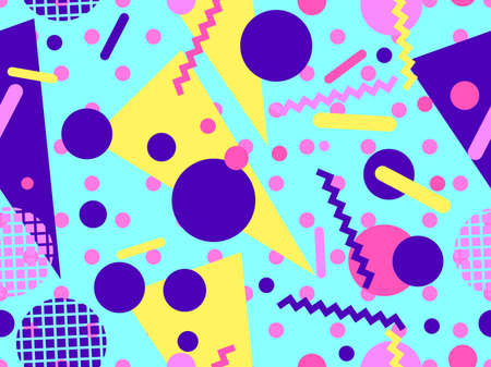 Geometric seamless pattern with memphis elements in 80s style. Colorful dotted background with geometric shapes. Design of promotional products, wrapping paper and printing. vector illustrationのイラスト素材