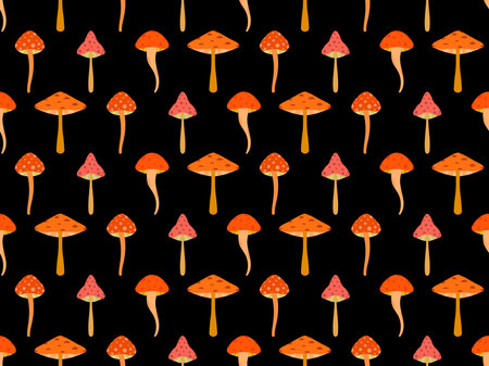 Mushrooms seamless pattern. Mushrooms with red caps on a black background. Toadstools, poisonous mushrooms and fly agarics. Design for posters, banners and promotional items. vector illustrationのイラスト素材