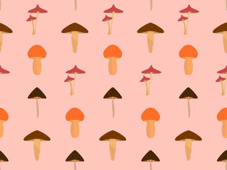 Mushrooms seamless pattern. Various mushrooms, edible and toadstools. Poisonous mushrooms and hallucinogenic fly agaric. Design for banners and promotional items. vector illustrationのイラスト素材
