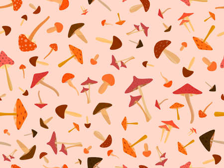 Mushrooms seamless pattern. Various mushrooms, edible and toadstools. Poisonous mushrooms and hallucinogenic fly agaric. Design for banners and promotional items. vector illustrationのイラスト素材