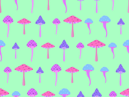 Toadstool mushrooms seamless pattern. Mushrooms with red caps. Not edible poisonous toadstool mushrooms. Design for posters, banners and promotional items. vector illustrationのイラスト素材