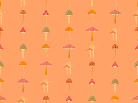 Mushrooms seamless pattern. Various mushrooms, edible and toadstools. Poisonous mushrooms and hallucinogenic fly agaric. Design for banners and promotional items. vector illustrationのイラスト素材