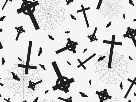 Seamless pattern with bats, crosses and cobwebs in black color isolated on a white background. Halloween pattern. Festive design for print, wrapping paper and banners. vector illustrationのイラスト素材