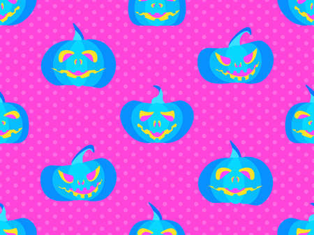 Pumpkins on a dotted background in the style of the 80s. Halloween seamless pattern in pop art style. Design for promotional products, wrapping paper, brochures and printing. vector illustrationのイラスト素材