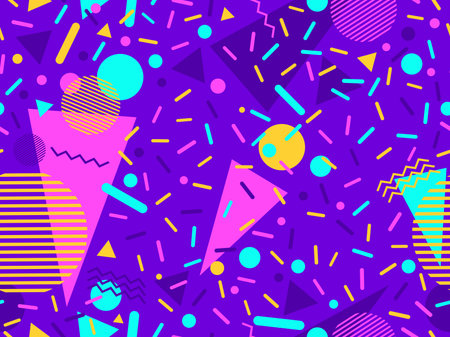 Memphis seamless pattern with geometric shapes in 80s style. Colorful geometric shapes on a violet background. Design of promotional products, wrapping paper and printing. vector illustrationのイラスト素材