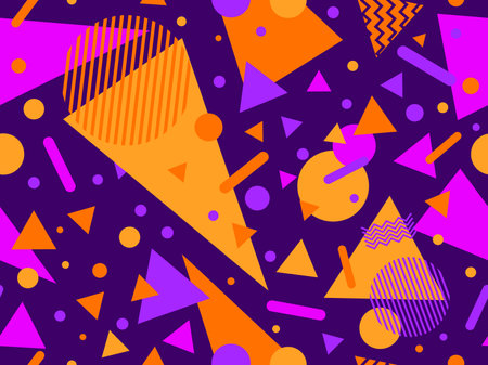Memphis seamless pattern with geometric shapes in 80s style. Halloween color palette orange and purple. Design for promotional products, wrapping paper, brochures and printing. vector illustrationのイラスト素材