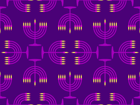 Menorah with nine Hanukkah candles seamless pattern. Happy Hanukkah. Menorah with candles on a purple background. Design for greeting card, banner and poster. vector illustrationのイラスト素材