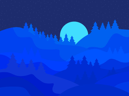 Night winter mountain landscape with moon. Mountain landscape with fir trees in a flat style. View of the snowy hills. Design for posters, travel agencies and promotional items. vector illustrationのイラスト素材