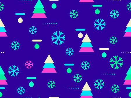 Christmas seamless pattern memphis with snowflakes and fir-trees. Great for brochures, promotional material, wrapping paper and wallpapers. vector illustrationのイラスト素材