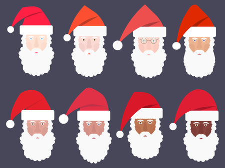 Set of Santa Claus icons with different skin colors, different nationalities. Multicultural Santa Claus. Face of Santa Claus collection. vector illustrationのイラスト素材