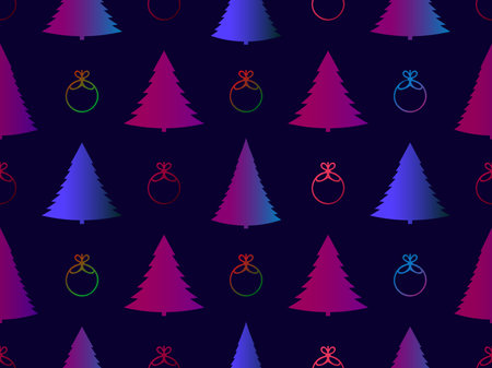 Christmas trees and Christmas balls seamless pattern. Gradient christmas decorations purple and blue color. Xmas design for print, wrapping paper and wallpaper. vector illustrationのイラスト素材
