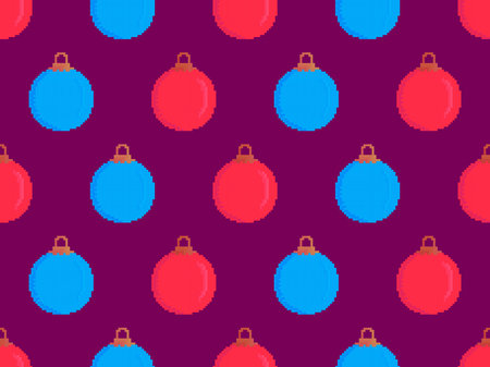 Pixel Christmas balls seamless pattern. Christmas balls in pixel art style red and blue color. 8-bit retro games from the 80s and 90s. Design for print, banner and wallpaper. vector illustrationのイラスト素材