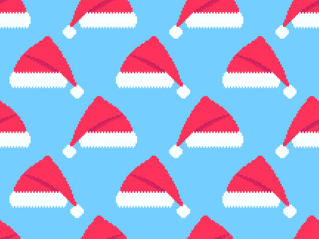 Pixel santa claus hat seamless pattern. Christmas hat in pixel art style on a blue background. Festive design for greeting cards, wrapping paper, banners and posters. vector illustrationのイラスト素材