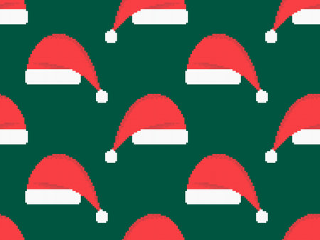 Seamless pattern with Santa hat in pixel style. Christmas hat in pixel art style on a green background. Festive design for greeting cards, wrapping paper, banners and posters. vector illustrationのイラスト素材