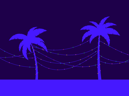 Christmas palm trees with garlands at night. Hanging garlands between palm trees. Tropical Christmas. Design for greeting card, poster and banner. vector illustrationのイラスト素材