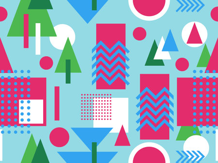Memphis seamless pattern with geometric shapes in 80s style. Colorful geometric shapes, bauhaus style elements. Design of promotional products, wrapping paper and printing. vector illustrationのイラスト素材