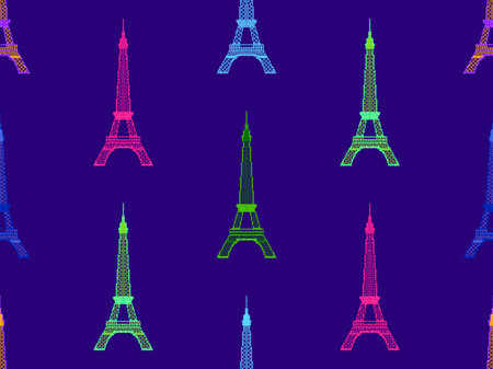 Seamless pattern with Eiffel tower in pixel art style. Set of 8-bit Eiffel Towers in retro video game style. Design for wallpaper, wrapping paper and promotional materials. vector illustrationのイラスト素材