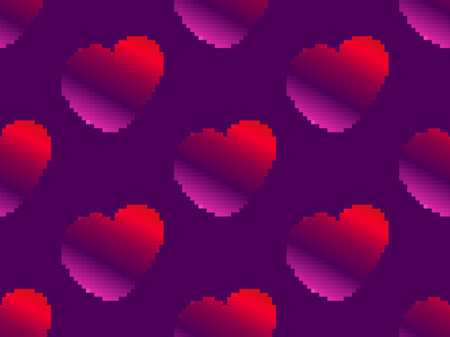 Seamless pattern with pixel hearts and gradient colors. Happy Valentine's Day. 8-bit hearts in retro video game style. Design for print, wrapping paper and promotional items. vector illustrationのイラスト素材