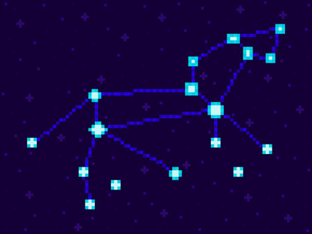 Leo constellation in pixel art style. 8-bit stars in the night sky in retro video game style. Cluster of stars and galaxies. Design for applications, banners and posters. vector illustrationのイラスト素材