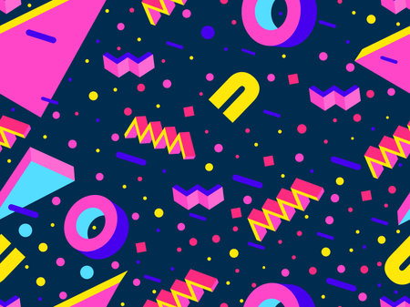 Memphis seamless pattern with 3d shapes in 80s memphis style. Isometric geometric shapes. Colorful background design for promotional products, wrapping paper and printing. vector illustrationのイラスト素材