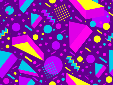 Geometric seamless pattern in 80s memphis style with 3D shapes. Three-dimensional triangles. Design of promotional products, wrapping paper and printing. vector illustrationのイラスト素材