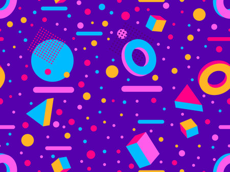 Memphis seamless pattern with 3d shapes in 80s memphis style. Isometric geometric shapes. Colorful background design for promotional products, wrapping paper and printing. vector illustrationのイラスト素材