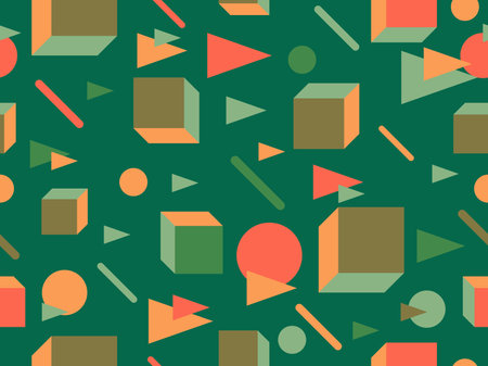 Memphis seamless pattern with 3d shapes in 80s style. Isometric geometric shapes in retro color palette. Background design for promotional products, wrapping paper and printing. vector illustrationのイラスト素材