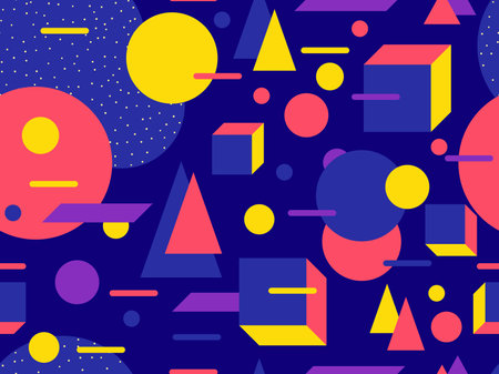 Memphis seamless pattern with 3d shapes in 80s style. Isometric geometric shapes in retro color palette. Background design for promotional products, wrapping paper and printing. vector illustrationのイラスト素材