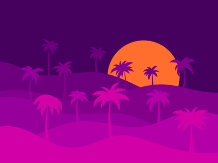 Tropical landscape with palm trees at sunset. Silhouettes of palm trees on the hills. Design of advertising booklets, banners, posters and travel agencies. vector illustrationのイラスト素材