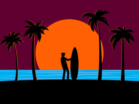 Landscape with a surfer on the coast of the sea. Silhouette of a surfer with a surfboard on a sunset background. Tropical design for posters, banners and promotional items. vector illustrationのイラスト素材