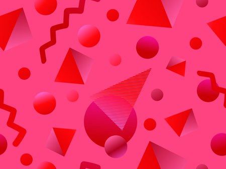 Geometric seamless pattern with 3D figures in the Memphis style of the 80s. Isometric 3D geometric shapes with gradient colors. Design for printing on paper, banner and wallpaper. vector illustrationのイラスト素材