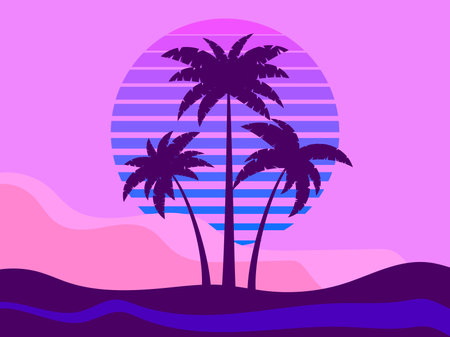 Palm trees on a retro sunset background. Tropical palm trees against the backdrop of a futuristic sunset. Design for promotional products, banner and poster. vector illustrationのイラスト素材