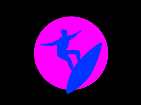 Silhouette of a surfer on a surfboard against the background of the sun in the style of the 80s. Wave riding, active recreation. Design for banners, posters and promotional items. vector illustrationのイラスト素材