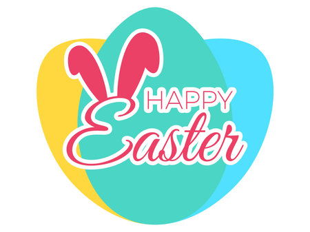 Happy Easter banner with text and bunny ears on the background of the silhouette of colorful Easter eggs. Design for a greeting card, banner and poster. vector illustrationのイラスト素材