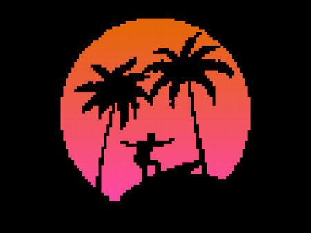 Surfer at sunset with palm trees in pixel art style. Retro sunset with palm trees in 8 bit synthwave style. Pixel design for banners, posters and apps. vector illustrationのイラスト素材