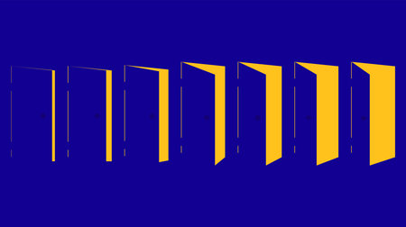 Opening doors set. Stages of opening the door. Light from an open door. Design for banners, posters and promotional items. vector illustrationのイラスト素材