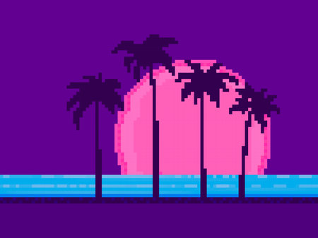 Palm trees at sunset in pixel art style. 8 bit landscape of palm trees on the shore in the style of 90s video games. Design for print, banner and app. vector illustrationのイラスト素材