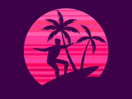 Surfer at sunset, retro sun in 80s style. Tropical landscape with palm trees and a surfer at sunset. Design for banners, posters and promotional items. vector illustrationのイラスト素材