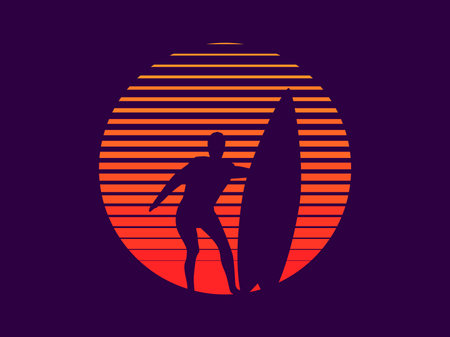 Man holding a surfboard at sunset. A surfer with a surfboard against the backdrop of the sun in the synthwave style of the 80s. Design for banners, posters and promotional items. vector illustrationのイラスト素材