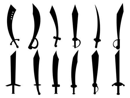 Black curved sword set isolated on white background. Sword silhouettes. Indian and oriental weapon, scimitar. Design of swords for posters, banners and promotional items. vector illustrationのイラスト素材