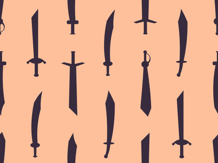 Curved swords seamless pattern. Sword silhouettes. Weapons of the Roman Empire, gladius. Design of swords for posters, banners and promotional items. vector illustrationのイラスト素材