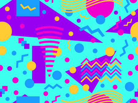 Seamless geometric pattern in 80s memphis style. Colorful geometric shapes. Design of promotional...