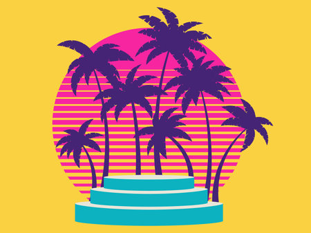 Podium with palm trees. Scene with palm trees at sunset in the style of the 80s. presentation podium. Synthwave and retro wave style. advertising pedestal. vector illustrationのイラスト素材