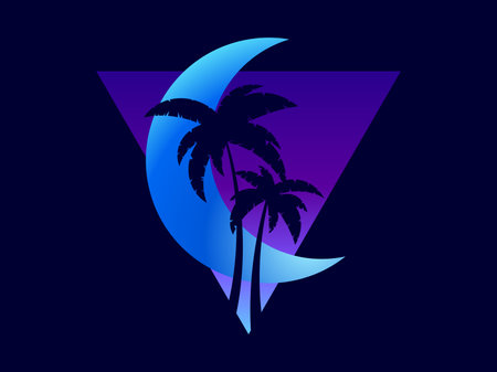 Gradient crescent with palm trees in a futuristic 80s style. Banner with moon and palm trees in synthwave style. Design for advertising brochures, banners and posters. vector illustrationのイラスト素材