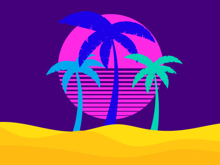 Colorful palm trees on retro sun pink background. Minimalistic desert landscape with palm trees in the style of the 80s. Design for banners, posters and promotional items. vector illustrationのイラスト素材