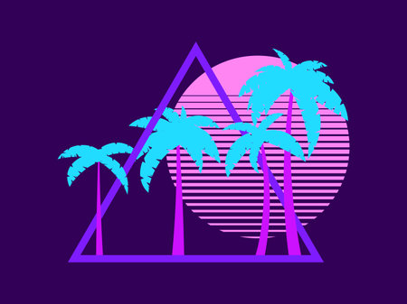 80s retro sci-fi palm trees on a sunset. Retro futuristic sun with palm trees in a triangular frame. Synth wave style. Design for advertising brochures, banners and posters. vector illustrationのイラスト素材