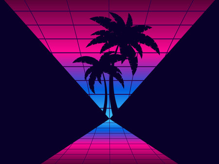 Retro futuristic palm trees in 80s style at sunset. Summer time, palm trees on the background of the sun, synthwave style. Design for advertising brochures and banners. vector illustrationのイラスト素材